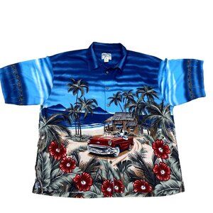 Big Dogs Hawaiian Shirt 3X  Beach Car & Palm Tree Print Rayon Fabric
